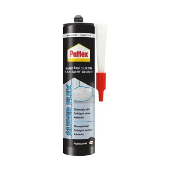 <p>PATTEX Sanitárny silikón je určený na vyplnenie dilatačných a spojovacích škár medzi keramickými obkladmi a dlažbou v rohoch alebo v styku stien