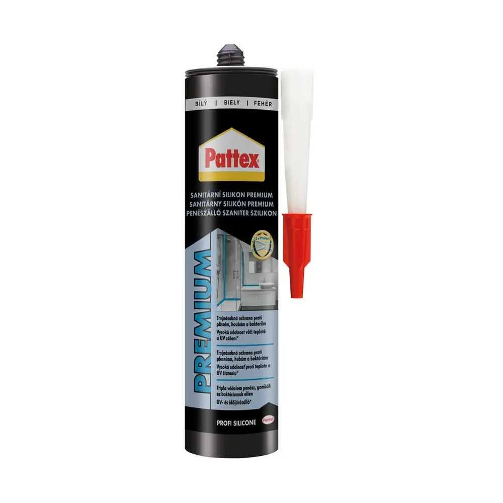 PATTEX Sanitárny silikón Premium je určený na vyplnenie dilatačných a spojovacích škár medzi keramickými obkladmi a dlažbou v rohoch alebo v styku stien