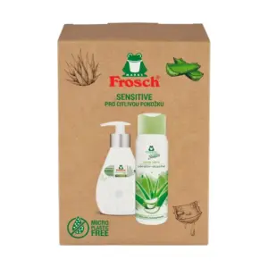Darčeková súprava sprchového gélu Frosch Senses Aloe vera a dávkovača tekutého mydla s jemnou vôňou je vhodná aj pre citlivú pokožku. Zloženie s panthenolom ošetruje pokožku