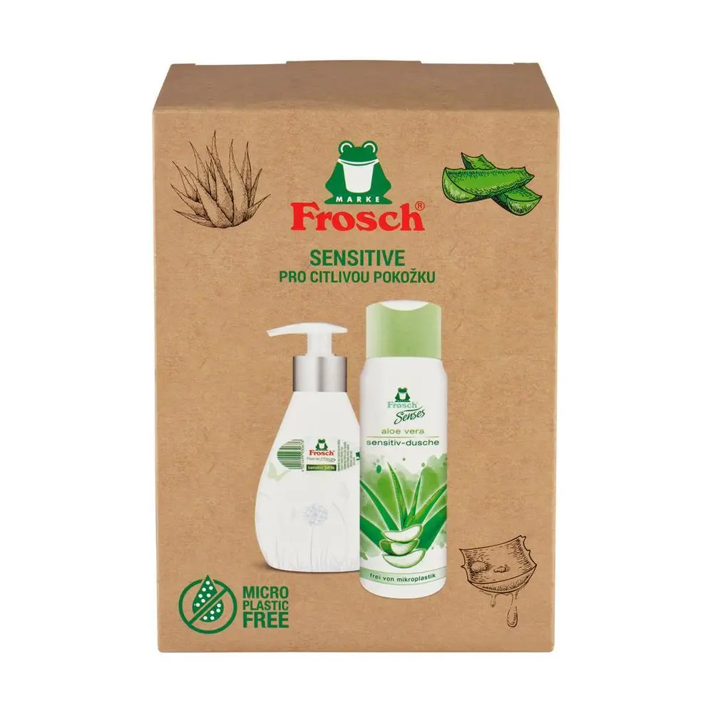 Darčeková súprava sprchového gélu Frosch Senses Aloe vera a dávkovača tekutého mydla s jemnou vôňou je vhodná aj pre citlivú pokožku. Zloženie s panthenolom ošetruje pokožku