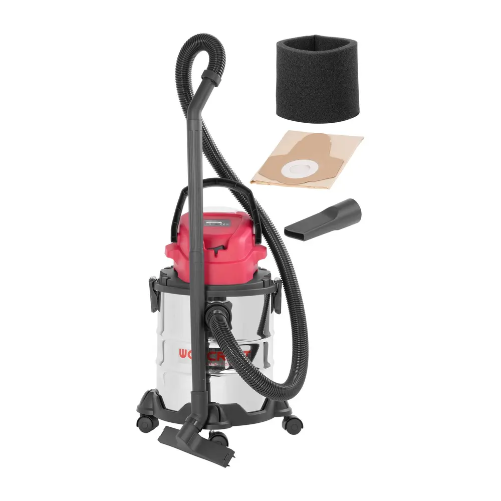 Akumulátorový vysávač Worcraft CVC-S20Li-20L je určený na mokré aj na suché vysávanie. Je vhodný na použitie v domácnosti ale aj ako priemyselný vysávač. Odolná zberná nádoba je vyrobená z nerezovej ocele a ponúka objem 20 L. Výkonný vysávač poskytuje podtlak =< 8 kPa. Disponuje hadicou dlhou 1