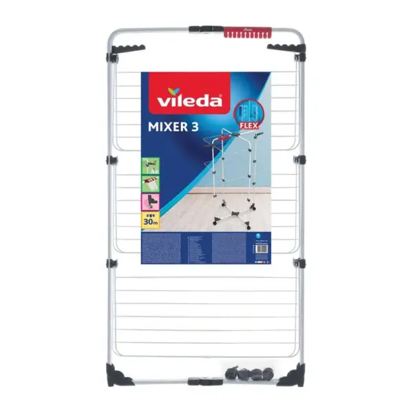 <p><strong>Flexibilný 3-úrovňový oceľový sušiak</strong> <strong>Vileda Mixer</strong> na bielizeň so sušiacou plochou až z 3 práčok. <strong>Sušiaca plocha: 30 metrov</strong> v malom priestore