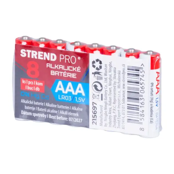 <p>Praktické 8-kusové balenie alkalických batérií Strend Pro s označením AAA. Vyznačujú sa vysokou kapacitou. Neobsahujú ortuť ani kadmium. Univerzálne použitie do všetkých zariadení na batérie typu AAA ako napríklad hračky