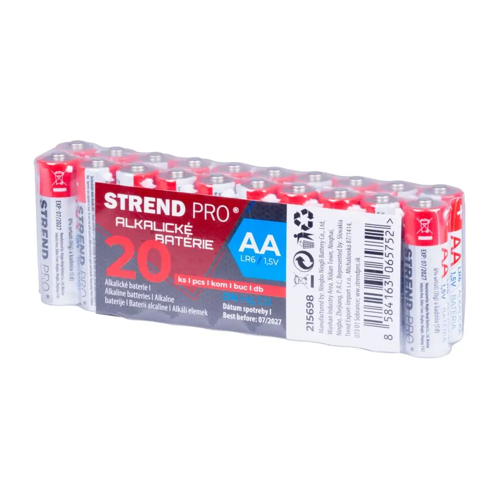 20-kusový multipack alkalických batérií Strend Pro s označením AA. Vyznačujú sa vysokou kapacitou. Neobsahujú ortuť ani kadmium. Univerzálne použitie do všetkých zariadení na batérie typu AA ako napríklad hračky