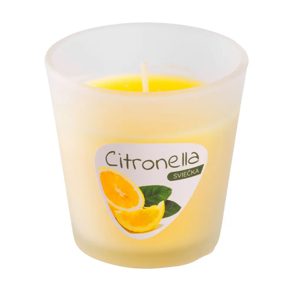 Sviečka Citronella v skle prevonia Váš domov sviežou citrusovou vôňou. Obsahuje 3% vonnej zložky. Približná doba horenia : 11 hodín. Váha vosku: 80 g. Rozmery : 80x70 mm.