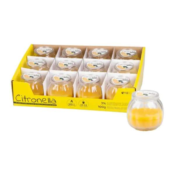 <p>Sviečka Citronella v skle prevonia Váš domov sviežou citrusovou vôňou. Obsahuje 3% vonnej zložky. Približná doba horenia : 20 hodín. Váha vosku: 100 g. Rozmery : 80x75 mm. Sellbox obsahuje 12 ks sviečok.</p>