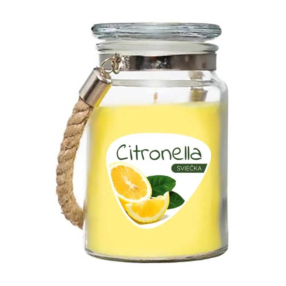 Sviečka Citronella v peknej sklenenej nádobke prevonia Váš domov sviežou citrusovou vôňou. Doba horenia : 20 hodín. Rozmery : 85x105 mm.