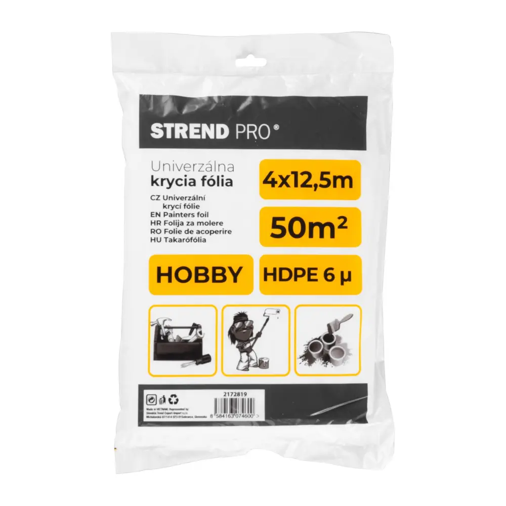 Zakrývacia fólia Strend Pro by nemala chýbať vo vašej domácnosti. Jej rozmer je 4x5 m. Slúži na zakrývanie podlahy a nábytku a ako ochrana pred maliarskymi nátermi