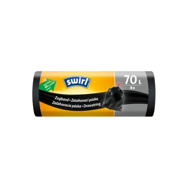 <p>Extra pevné zaťahovacie vrecia Swirl oceníte najmä pri likvidácii ťažkého domového odpadu. Pevná zaťahovacia páska umožňuje ľahké uzavretie vreca po naplnení. Extra silná fólia so zvýšenou pevnosťou je nepriepustná a vďaka svojej čiernej farbe zlikvidujete odpad naozaj diskrétne. Vrecká na odpad Swirl vyrobené z 80 % z recyklovaného plastu.  Objem: 70 litrov