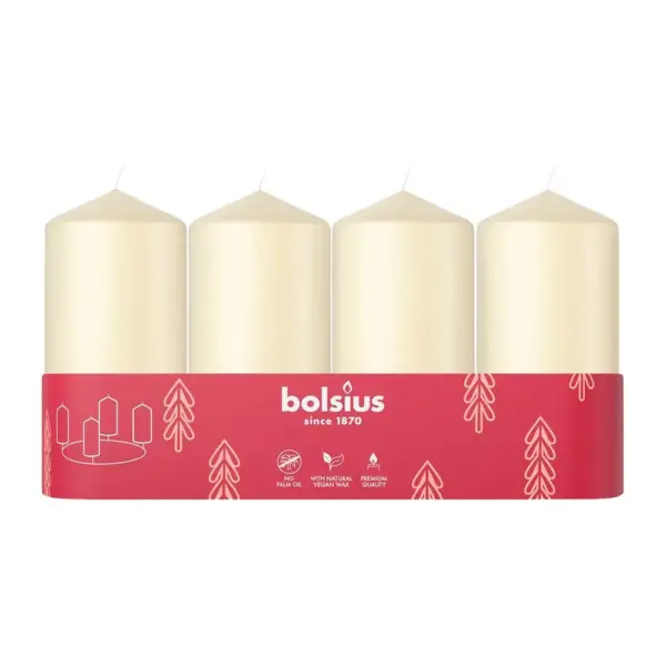 <p>Sviečky Bolsius Pillar Advent sú ideálnou voľbou pre vaše vianočné oslavy. Krémové sviečky s rozmermi 48x100 mm sú balené po 4 kusoch a pridajú elegantný dotyk do vašich sviatočných dekorácií. Vytvorte si čarovnú atmosféru počas adventného obdobia s týmito kvalitnými sviečkami