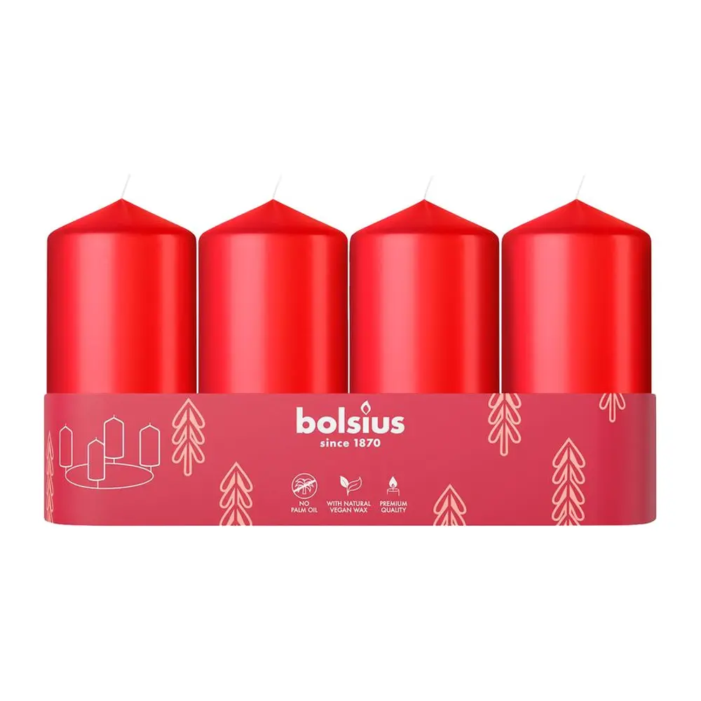 Sviečky Bolsius Pillar Advent sú ideálnou voľbou pre vaše vianočné oslavy. Červené sviečky s rozmermi 48x100 mm sú balené po 4 kusoch a >pridajú elegantný dotyk do vašich sviatočných dekorácií. Vytvorte si čarovnú atmosféru počas adventného obdobia s týmito kvalitnými sviečkami
