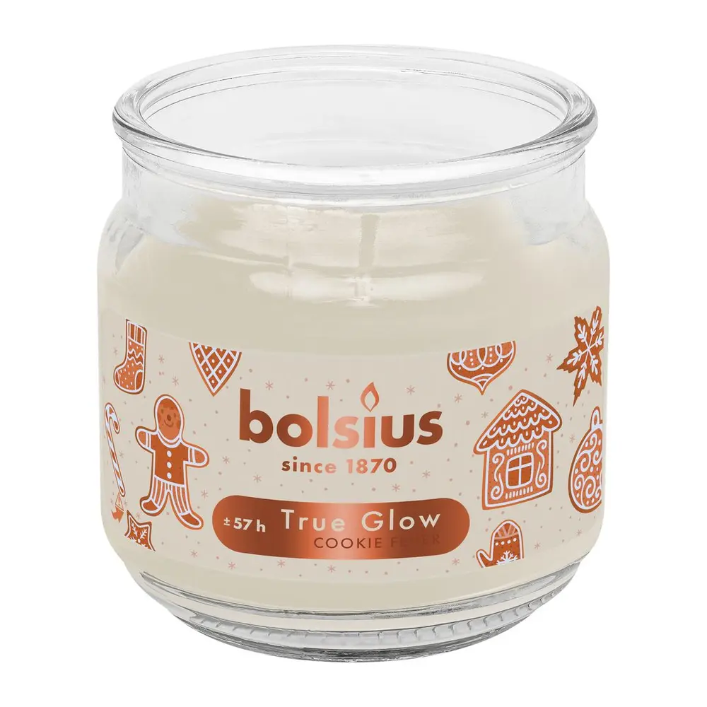 Vonná sviečka Bolsius Large Jar Cookie Fever v béžovej farbe je skvelým doplnkom pre vašu vianočnú výzdobu. S rozmermi 100x98 mm a dobou horenia až 57 hodín prináša príjemnú vôňu čerstvo pečených cookies