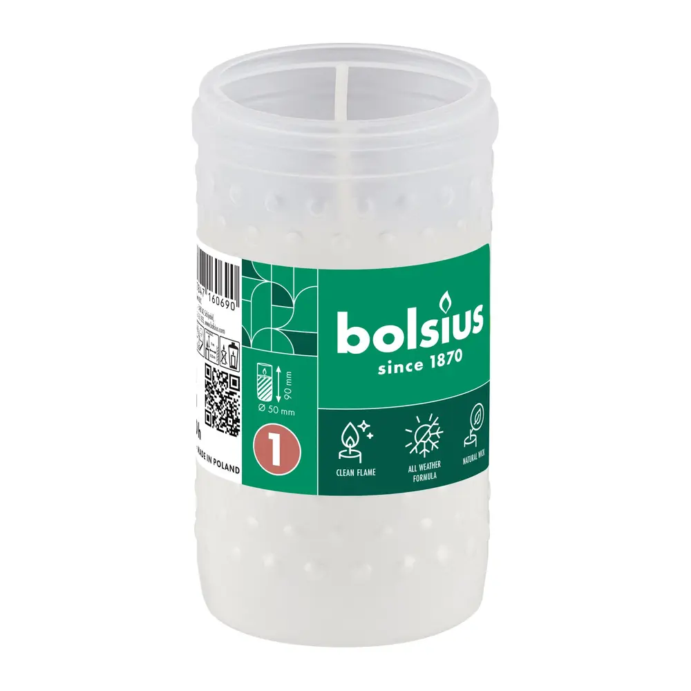 Klasická biela parafínová náplň Bolsius. Vyhorí až do konca
