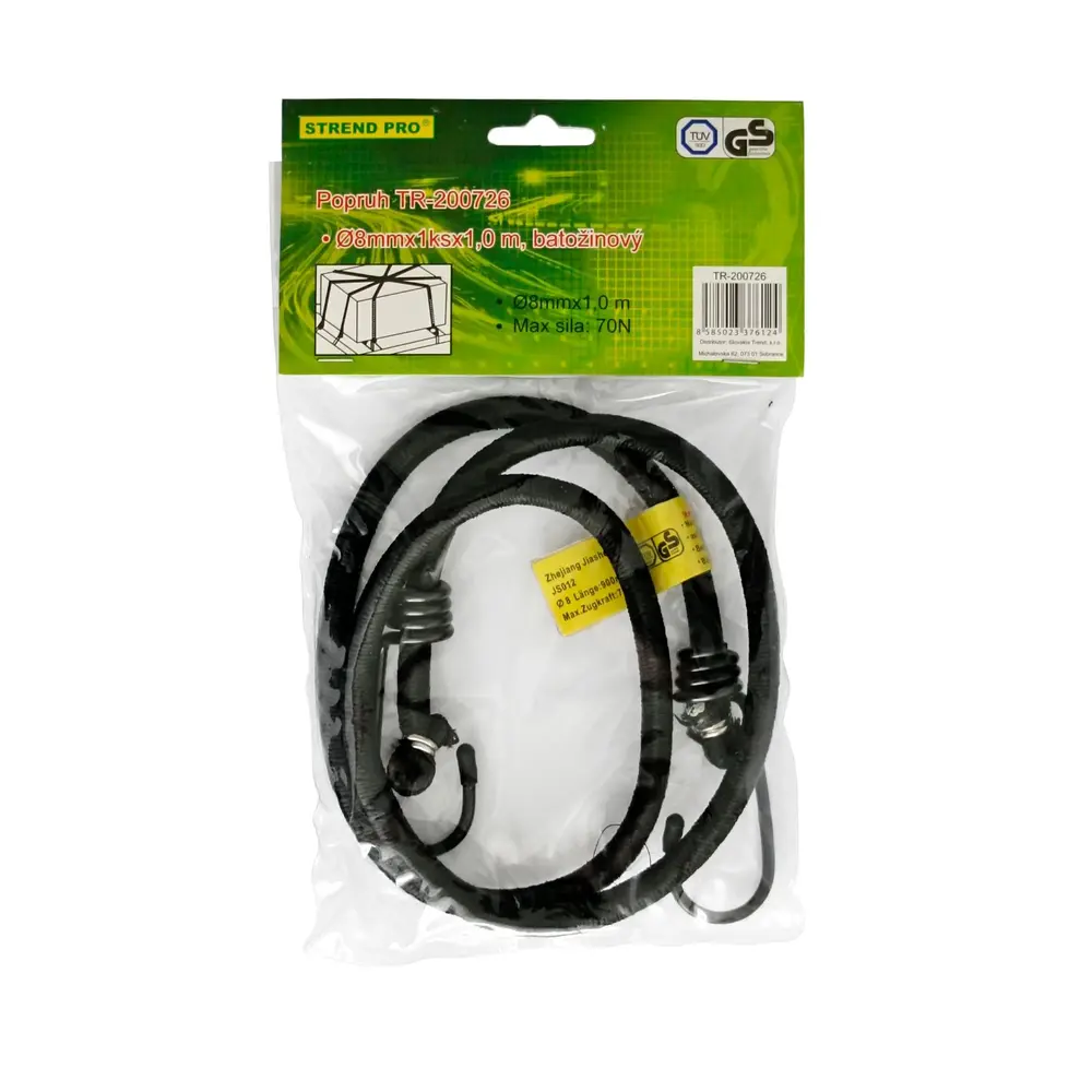 Upínacia guma Strend Pro s oceľovými háčikmi slúži na fixáciu predmetov. Jej dĺžka je 100 cm a priemer je 8 mm.