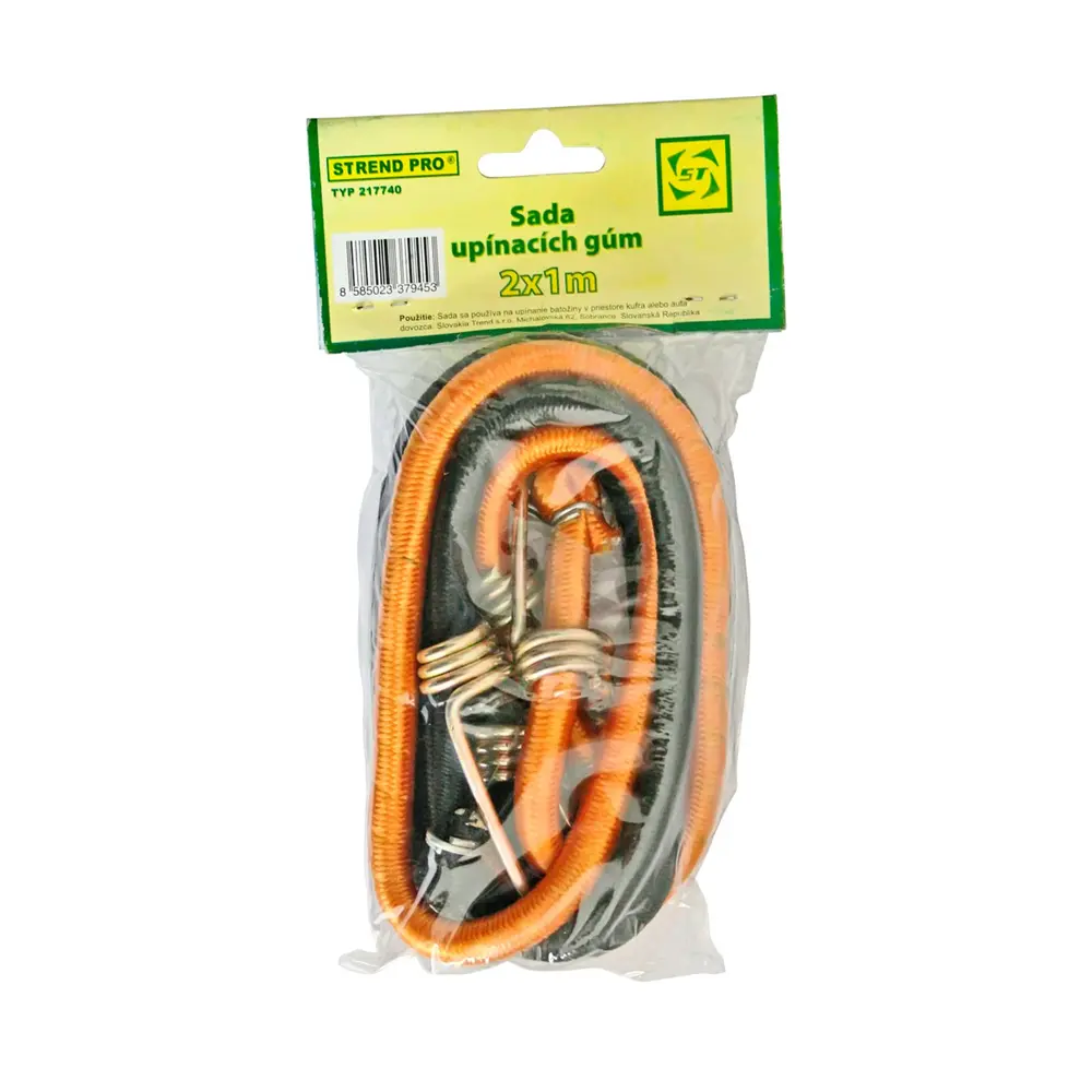 Upínacia guma Strend Pro s oceľovými háčikmi slúži na fixáciu predmetov. Jej priemer je 8 mm a dĺžka je 1 m. Nosnosť je 7 kg. Balenie obsahuje 2 ks.