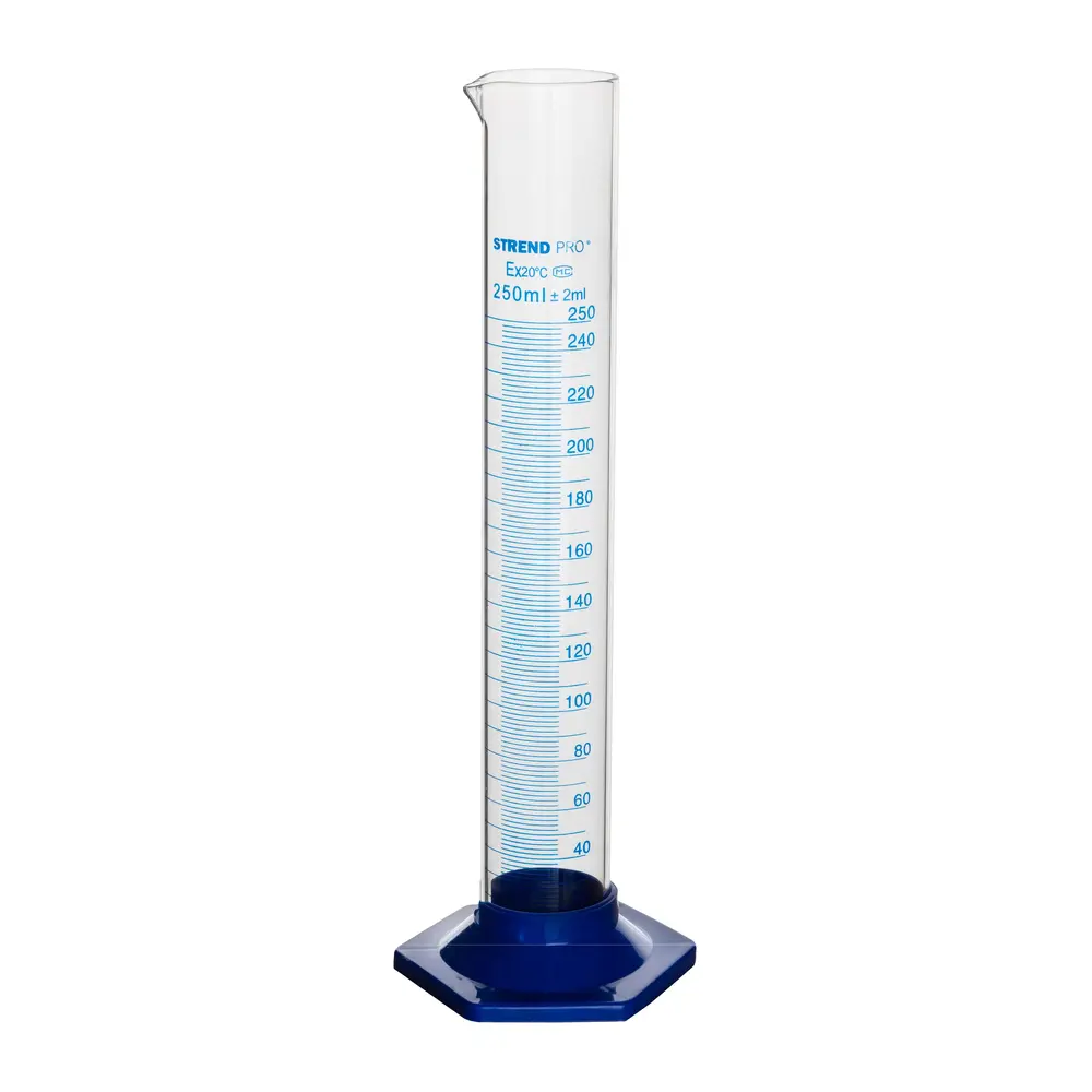 Odmerný sklenený valec slúži na meranie objemu kvapalín. Odmerka do 250 ml.