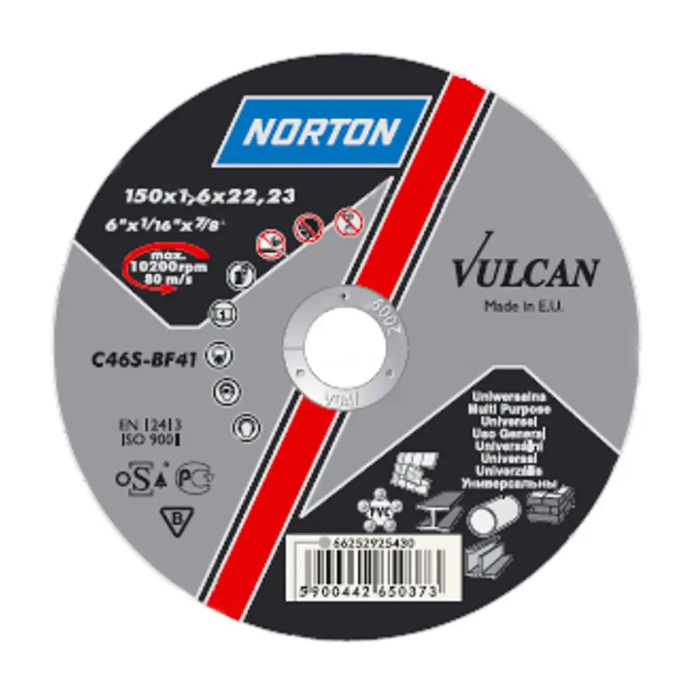 Kotúč NORTON Vulcan A je špičkový rezný kotúč vhodný na rezanie kovu a nerezu. S rozmermi 350x3