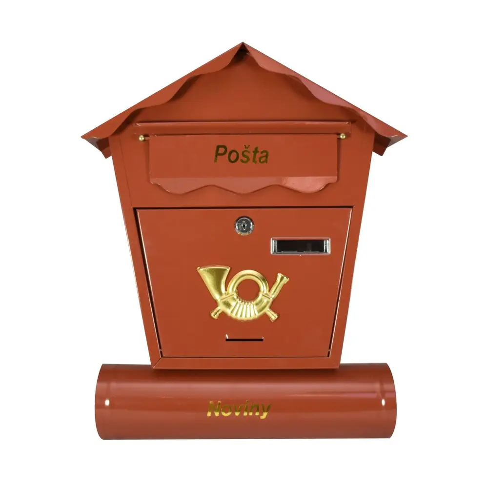 Elegantná poštová schránka v hnedej farbe. Obsahuje časť na letáky. Rozmery: 37x10x44 cm. Materiál: kov.