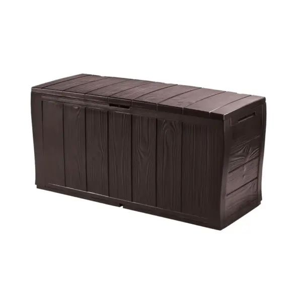<p>Box slúži ako úložný priestor pre odkladanie potrebných vecí. Vzhľad boxu na prvý dojem pripomína drevo. Je však vyrobený z plastu odolného voči vonkajším vplyvom