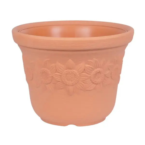 <p>Klasický kvetináč Sunny s dekorom slnečníc v terakota farbe skrášli Váš dom. Rozmery: 30x22