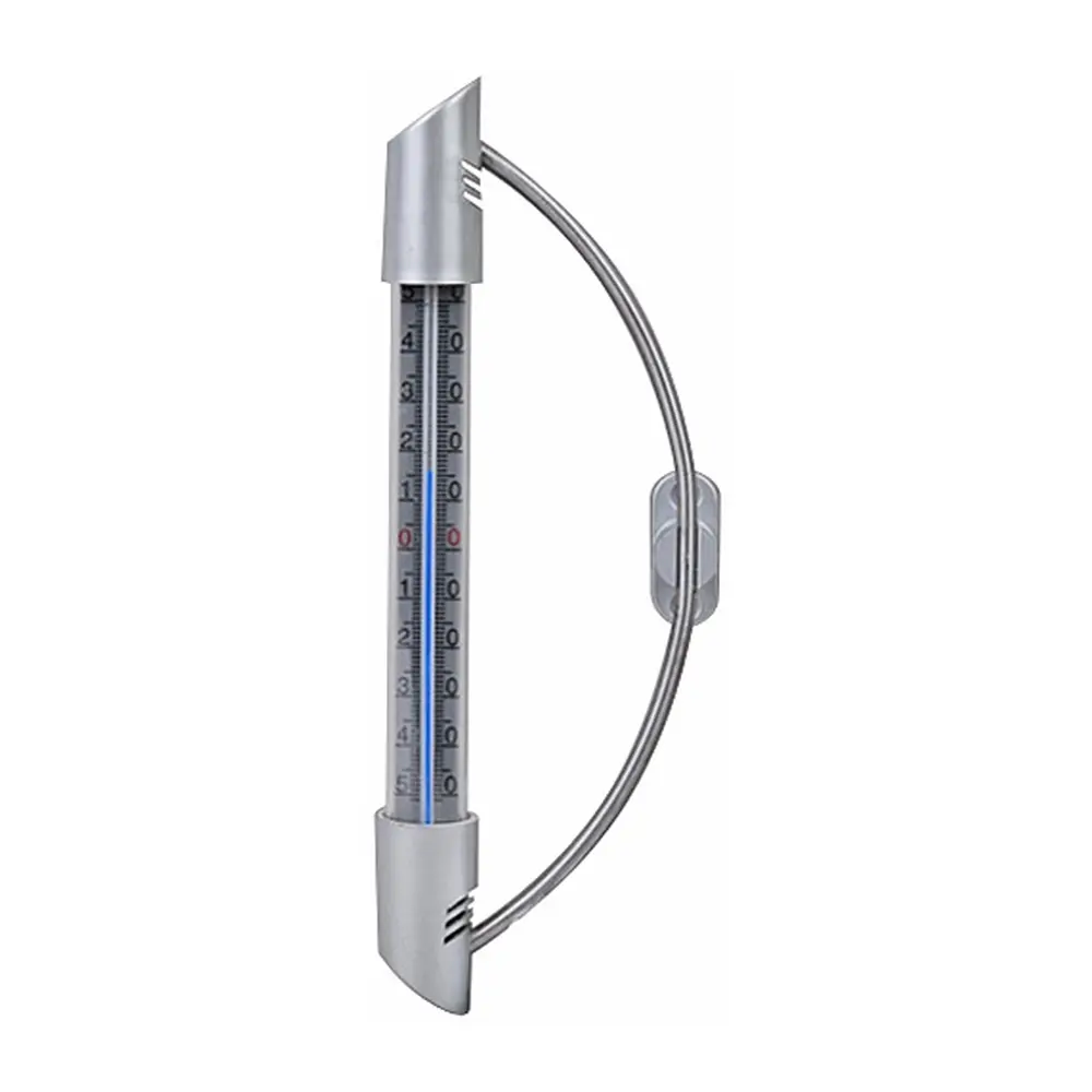 Vonkajší kovový teplomer Strend Pro meria teplotu v rozsahu od 50°C do -50°C. Rozmery: 230x80x25 mm.