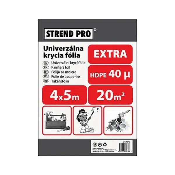 Zakrývacia fólia Strend Pro by nemala chýbať vo vašej domácnosti. Jej rozmer je 4x5 m. Slúži na zakrývanie podlahy a nábytku a ako ochrana pred maliarskymi nátermi
