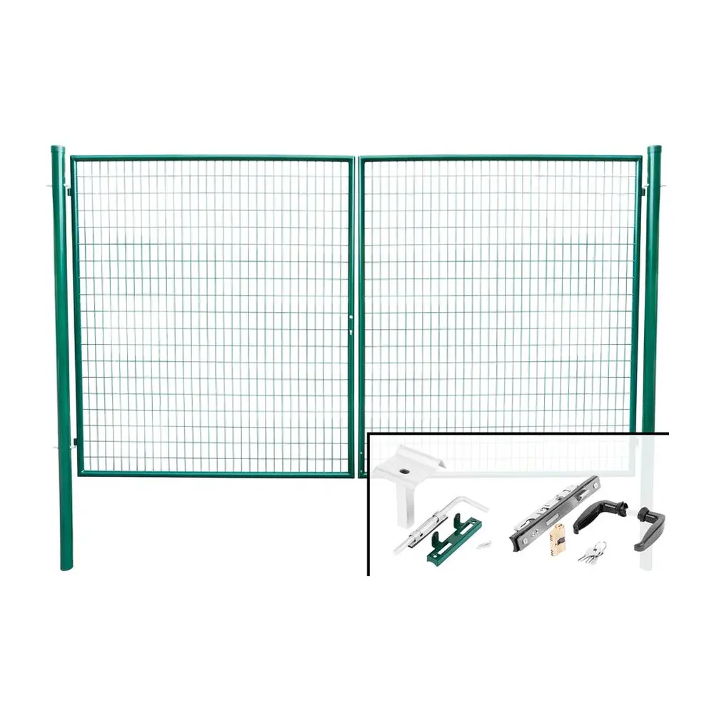 Záhradná dvojkrídlová brána s výplňou zváranej siete s okami vo veľkosti 50 x 100 mm  a hrúbkou drôtu 3