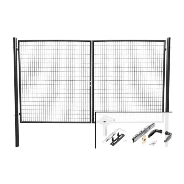 <p>Záhradná dvojkrídlová brána s výplňou zváranej siete s okami vo veľkosti 50 x 100 mm  a hrúbkou drôtu 3