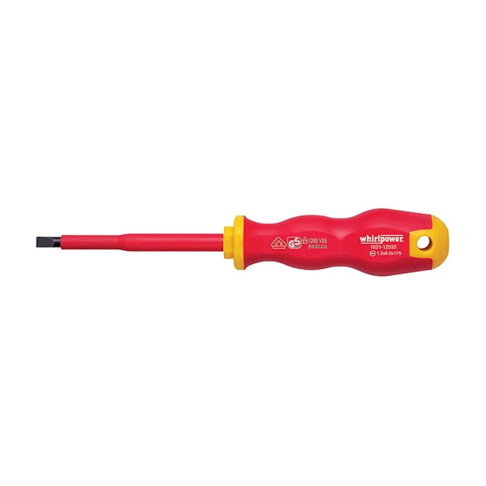 Skrutkovač Whirlpower® 1021 je spoľahlivý nástroj pre elektrikárov s plochým 8.0/175 mm hrotom. S certifikáciou DIN5264 a VDE 1000 ponúka bezpečné a efektívne použitie pri práci s elektrickými zariadeniami. Ideálny pre precízne a spoľahlivé skrutkovanie vo vašich projektoch.