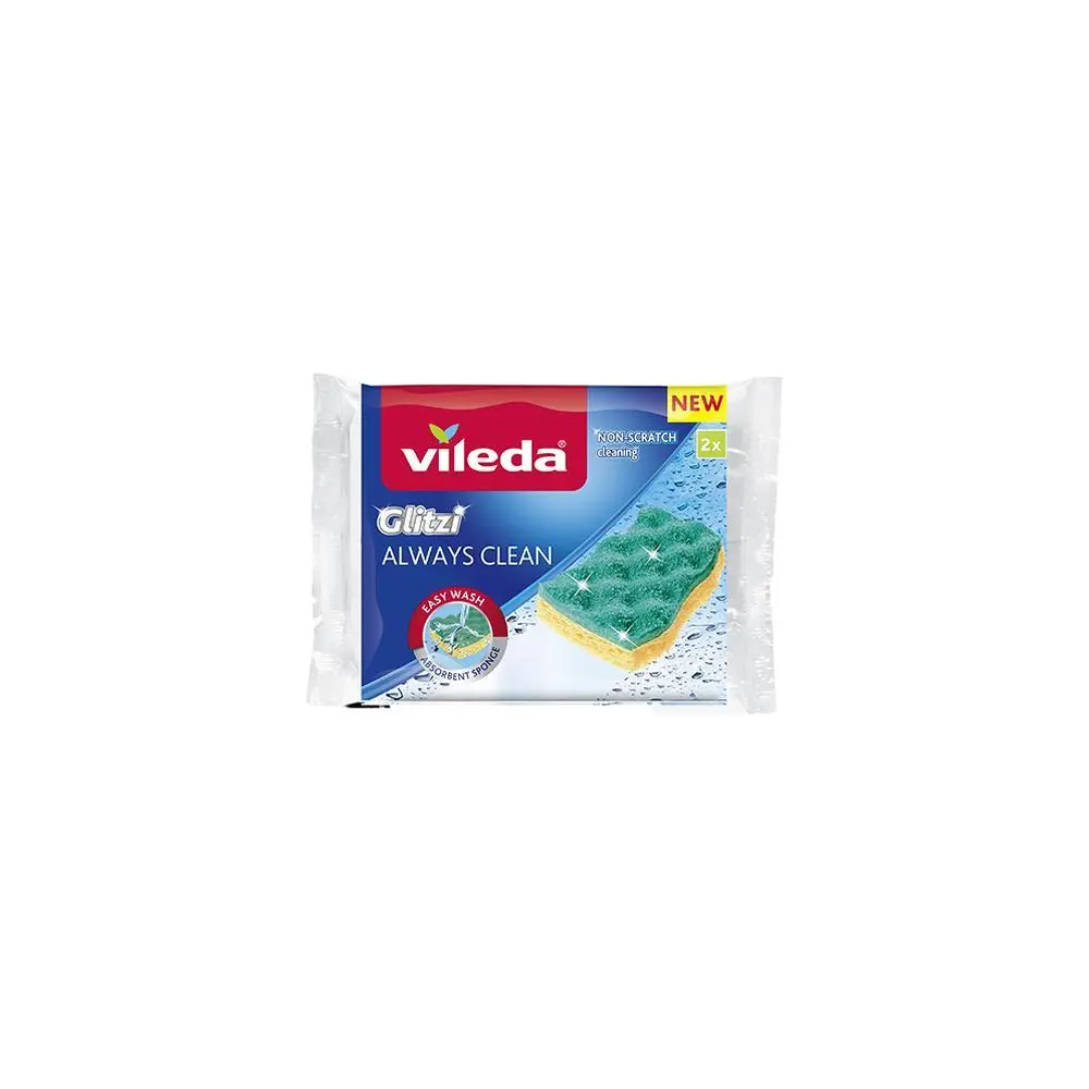Hubka Vileda Glitzi Always Clean je navrhnutá pre hygienické čistenie bez poškriabania citlivých povrchov alebo riadu - minimálne úsilie pre vynikajúce čistiace výsledky.