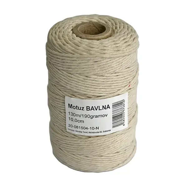 Motuz Cotton by nemal chýbať vo vašej domácnosti. Jeho dĺžka je 130 m a je vyrobený z bavlny. Je vhodný tiež na zdobenie a tvorenie prírodných dekorácii.