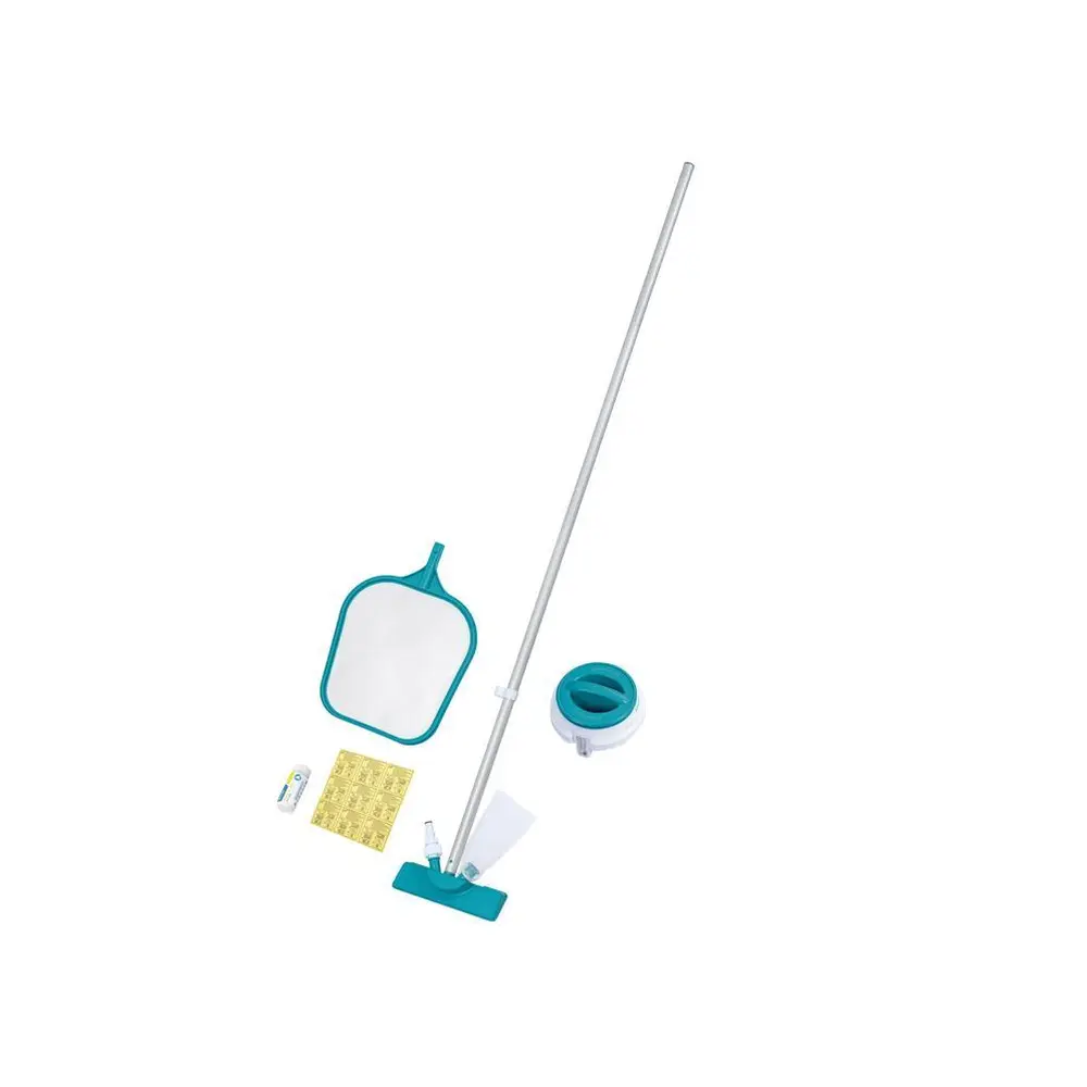 Súprava na údržbu bazéna Bestway® FlowClear™ 58794 zahŕňa ľahkú tyč s vymeniteľným vysávacími a skimmerovými hlavami. Chemický plavák so zabudovanou rukavicou na manipuláciu s chemikáliami a teplomerom