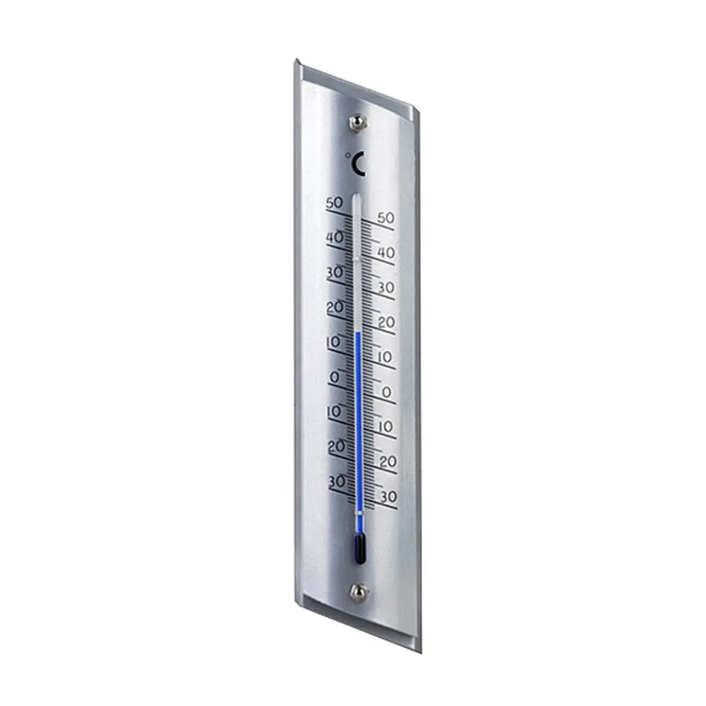 Vonkajší kovový teplomer Strend Pro meria teplotu v rozsahu od 50°C do -30°C. Rozmery: 230x50x15 mm.