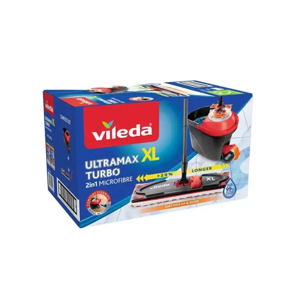 <p>Kompletná sada Vileda Ultramax XL Turbo je najlepšou voľbou pre čistenie podláh: Skladá sa z plochého mopu s teleskopickou rukoväťou