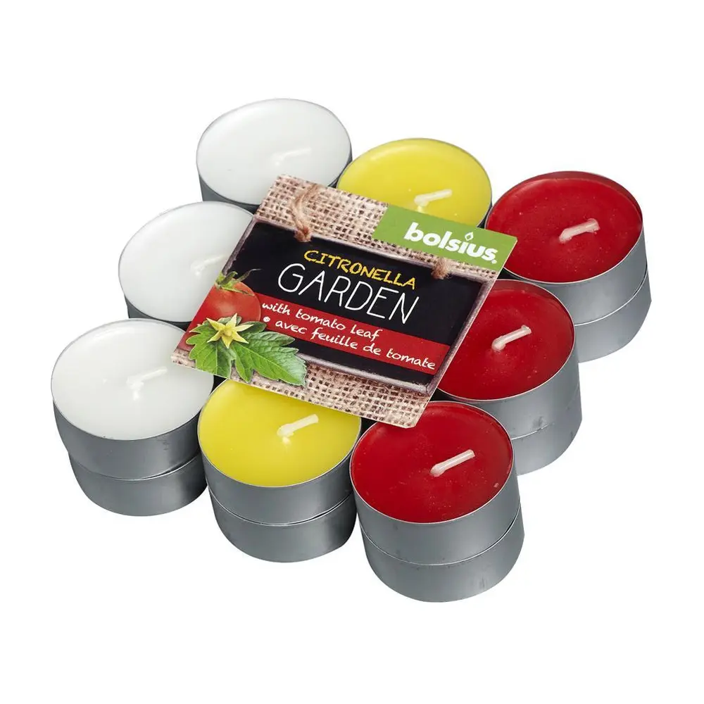 Klasická čajová sviečka Tealight Citronella s vôňou paradajkových listov do svietnika či lampášu.  Balenie obsahuje 18 ks sviečok. 