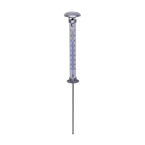 <p>Veľký solárny záhradný teplomer s pevným hrotom na zapichnutie do zeme s LED osvetlením. Pôsobivý a ľahko viditeľný v noci. Rozmery: 62x9 cm.</p>