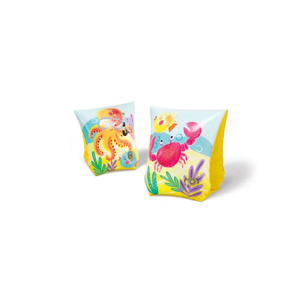 Dvojkomorové detské rukávniky  Intex® 58652 Tropical Buddies s veselým motívom rybičiek. Majú jednoduchšie navliekanie na ruky a spätný ventil.
