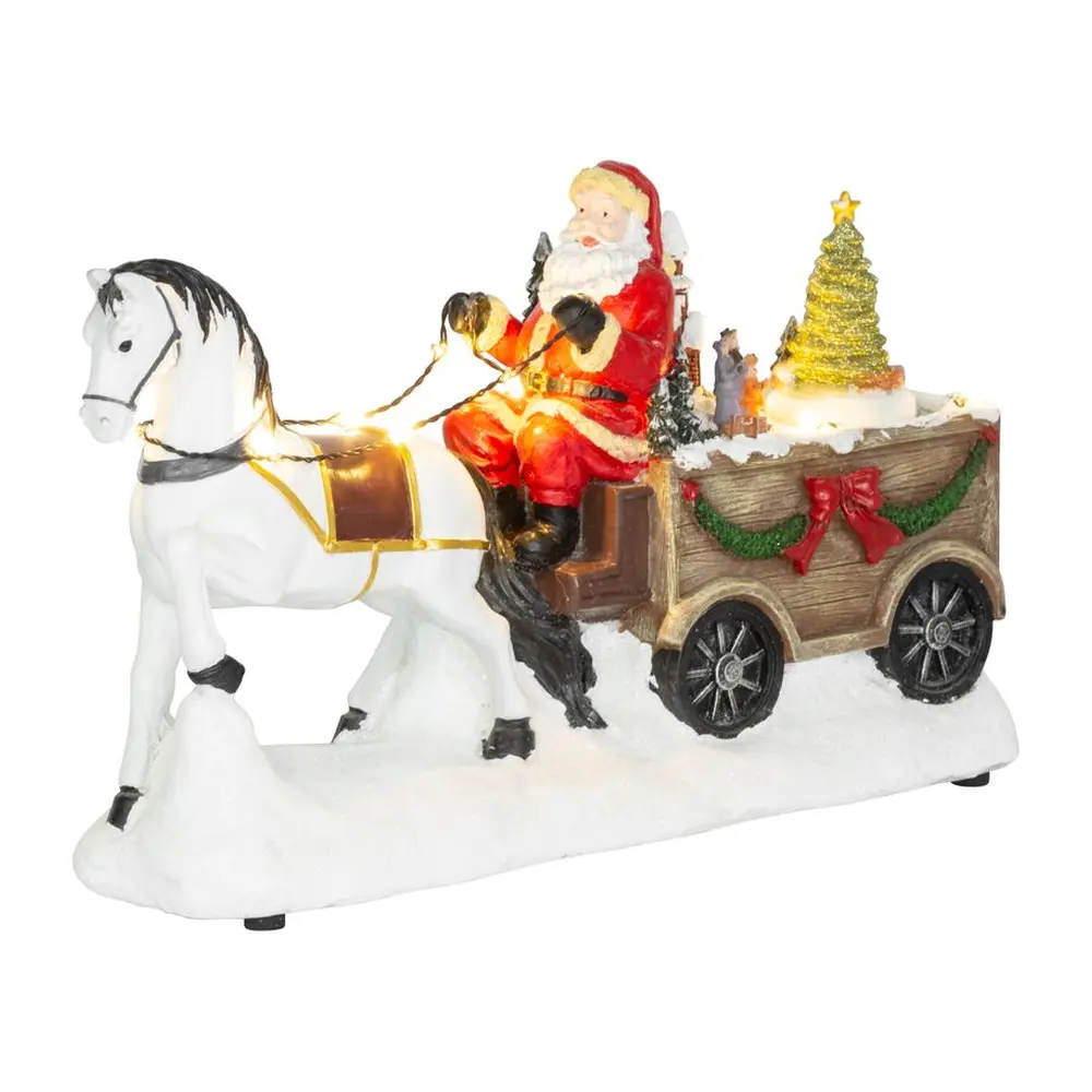 Dekorácia MagicHome Santa s koňom je vkusným doplnkom vášho interiéru počas vianočných sviatkov. Je to vianočná dekorácia s LED osvetlením Farba LED je teplá biela a počet LED je 11. Dekorácia slúži len na vnútorné používanie. Disponuje funkciou jednoduchého svietenia. otáčajúcim sa stromom a spínačom ON/OFF. Napájanie zabezpečujú 3 x AA batérie