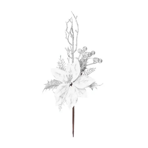 Vianočná dekorácia MagicHome vetvička s kvetom dotvorí čarokrásnu atmosféru Vianoc vo vašom domove. Farba je strieborná. Výška je 27 cm. Balenie obsahuje 6 ks.