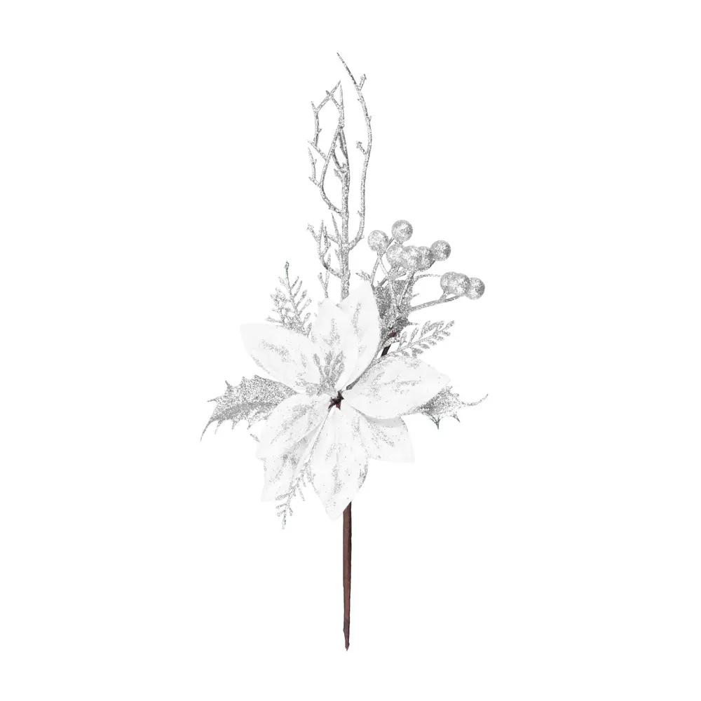 Vianočná dekorácia MagicHome vetvička s kvetom dotvorí čarokrásnu atmosféru Vianoc vo vašom domove. Farba je strieborná. Výška je 27 cm. Balenie obsahuje 6 ks.