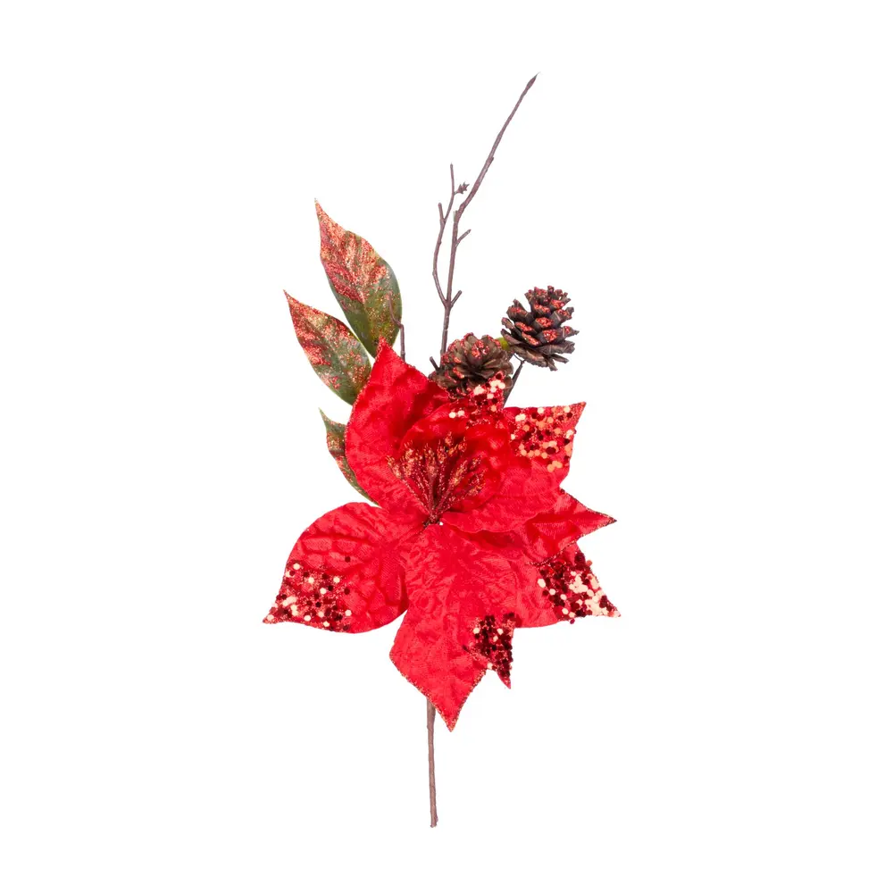 Vianočná dekorácia MagicHome vetvička s kvetom poinsettia dotvorí čarokrásnu atmosféru Vianoc vo vašom domove. Farba je červená. Výška je 34 cm. Balenie obsahuje 6 ks.