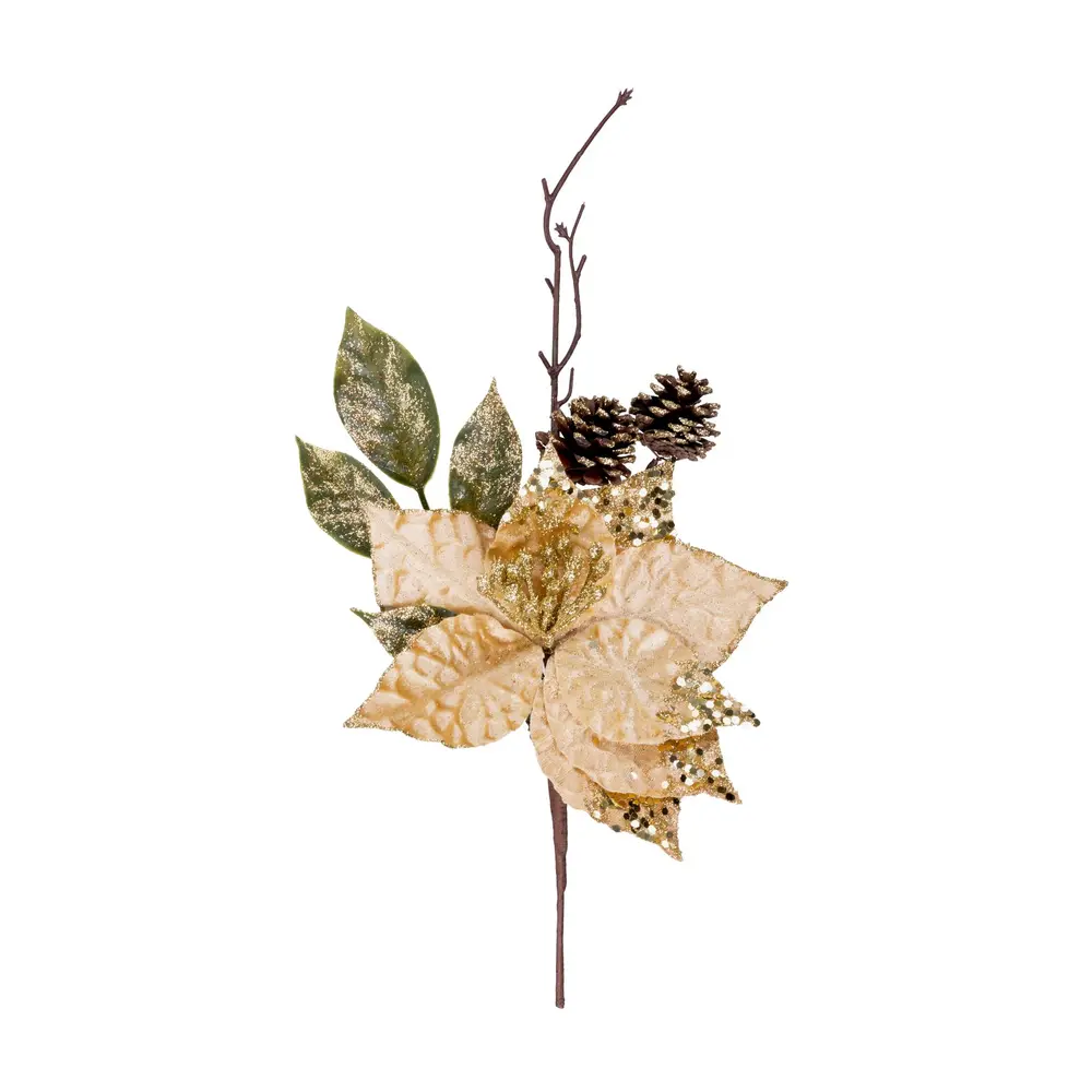 Vianočná dekorácia MagicHome vetvičkas kvetom poinsettia dotvorí čarokrásnu atmosféru Vianoc vo vašom domove. Farba je zlatá. Výška je 34 cm.Balenie obsahuje 6 ks.