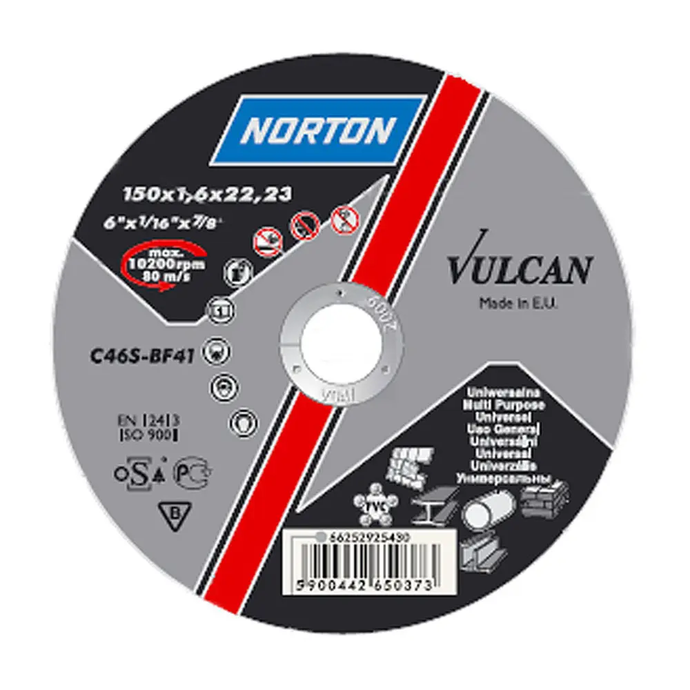 Kotúč NORTON Vulcan A je vhodný na rezanie kovov a nerezejúcich materiálov. S priemerom 180 mm a hrúbkou 2