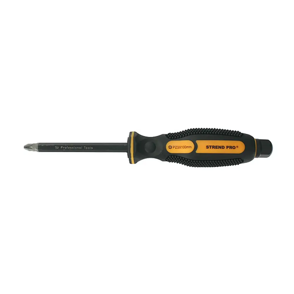 Skrutkovač Strend Pro je skrutkovač určený pre montáž a opravy menších rozmerov a jeho rozmer je 3x100 mm. Ergonomicky tvarovaná rukoväť zabezpečuje komfortnú prácu. obzvlášť tenký tvar zabezpečuje lepší prístup k skrutkám v hĺbke. Disponuje úderníkom.