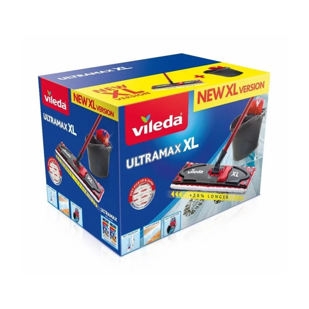 Súprava na upratovanie VILEDA Ultramax XL set Box je skvelým pomocníkom v domácnosti na pohodlné čistenie podlahových plôch. Obsahuje plochý mop Ultramax XL a vedro so žmýkacím košom. Ultramax mop XL je vybavený o 20 % dlhšou hlavicou. Vďaka power zóne pôsobí až desaťkrát väčším tlakom oproti bežnému plochému mopu