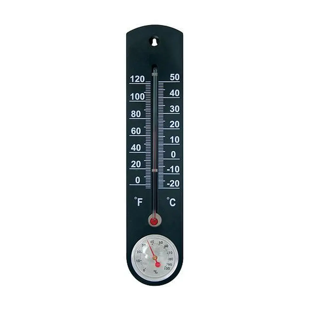 Vonkajší teplomer Strend Pro meria teplotu v rozsahu od 50°C do -20°C. Na spodnej časti obsahuje vlhkomer. Rozmery: 250x50x10 mm.