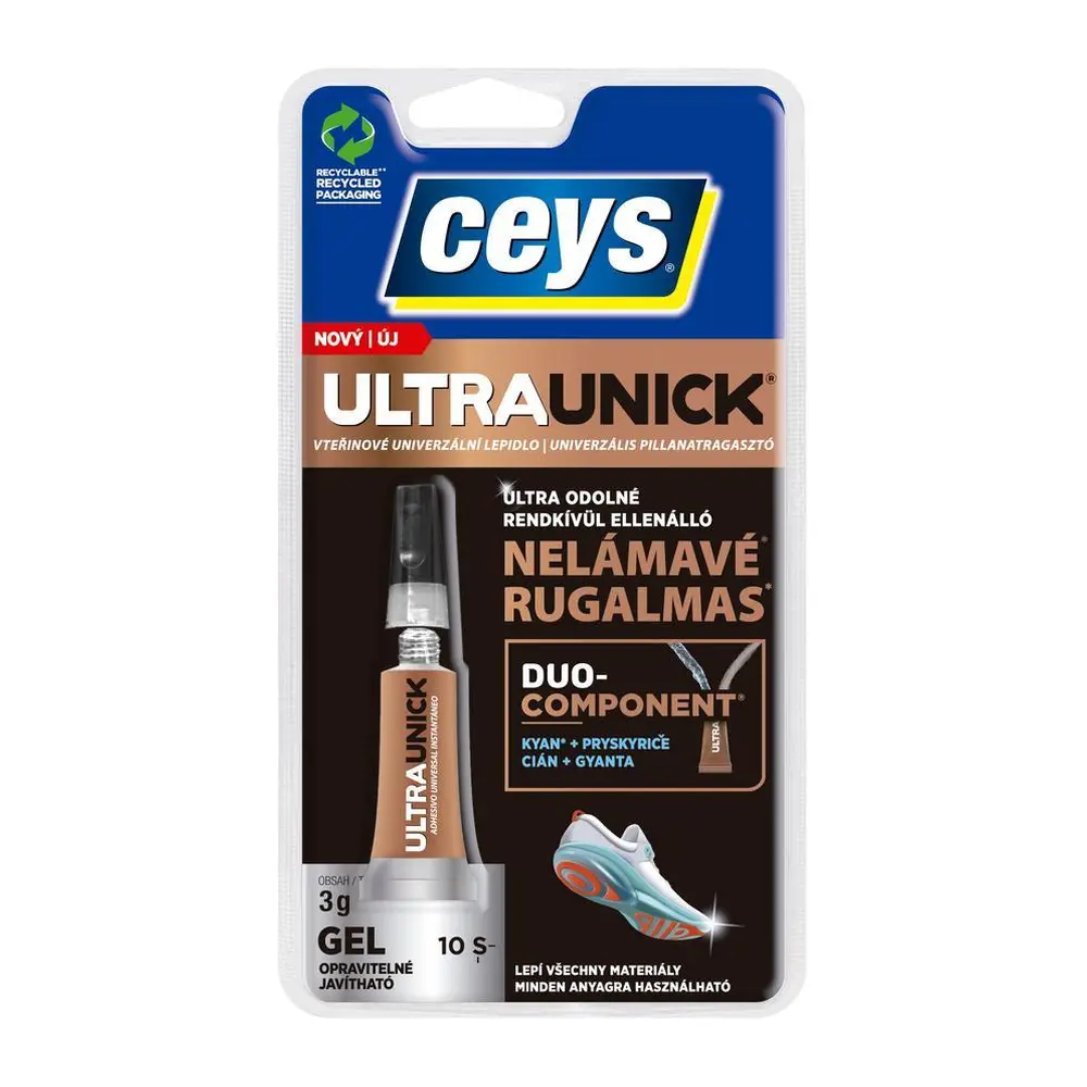 Gélové nelámavé sekundové lepidlo na báze novej dvojzložkovej technológie Ceys - kombinácia sily kyanu a flexibility živice. Odolné úderom a vibráciám