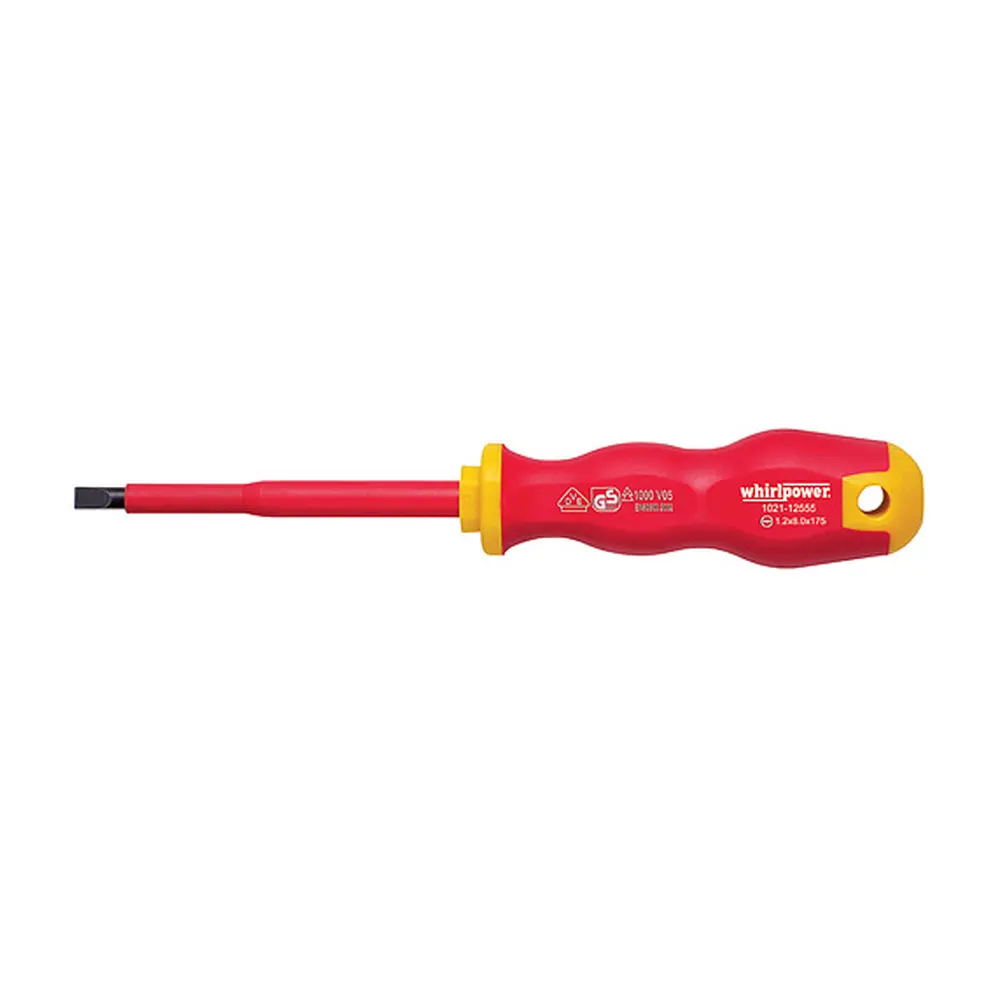 Skrutkovač Whirlpower® 1021 je spoľahlivý a vysoko kvalitný nástroj pre elektrikárov. S jeho plochou hlavou a dĺžkou 100 mm je ideálny pre rôzne elektrické práce a je certifikovaný podľa normy VDE 1000.