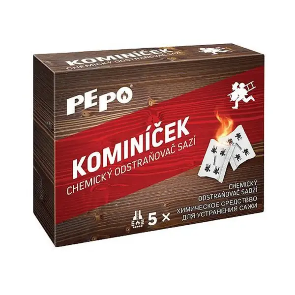 <p>Kominíček je chemický prípravok na odstránenie sadzí z komínov a dymovodov. Používanie odstraňovaču sadzí pôsobí preventívne proti vzniku požiarov spôsobených vznietením sadzí v dymovodoch. Pri použití čističa sa sadze menia na kysličník uhličitý. Odporúčané dávkovanie pre lokálne ohrievače