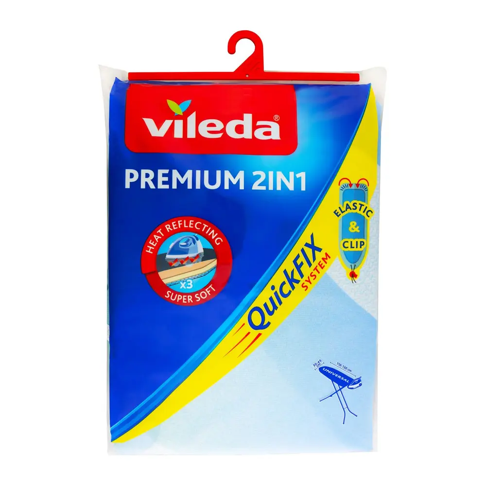 S poťahom na žehliacu dosku Premium 2v1 od značky Vileda je pre vás žehlenie ešte jednoduchšie. Vlákna odrážajúce teplo zvyšujú žehliaci výkon vašej žehličky a žehlenie sa stáva rýchlejším. Mäkký povrch chráni pred odtlačkami na bielizni